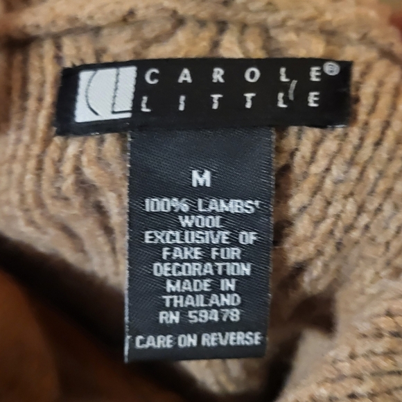 Carole Little Camel Cable Knit Hooded Faux Fur Wool Cardigan Sweater Size Medium - Picture 5 of 6